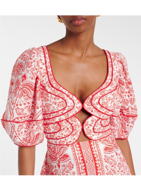 FARM Rio Tops - FARM Rio Red and White Paisley Puff-Sleeve Crop Top